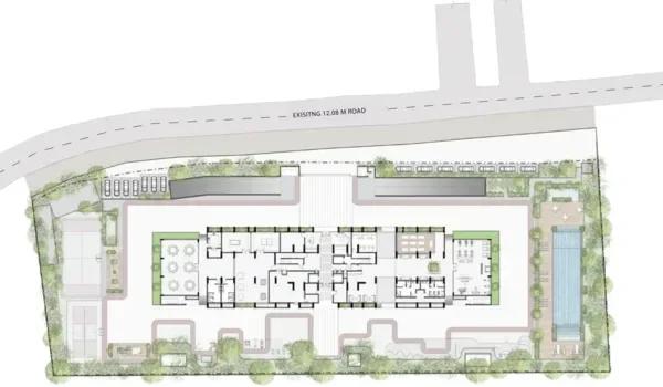 Assetz Muse & Maison site plan with the tower, pool and landscaped edges