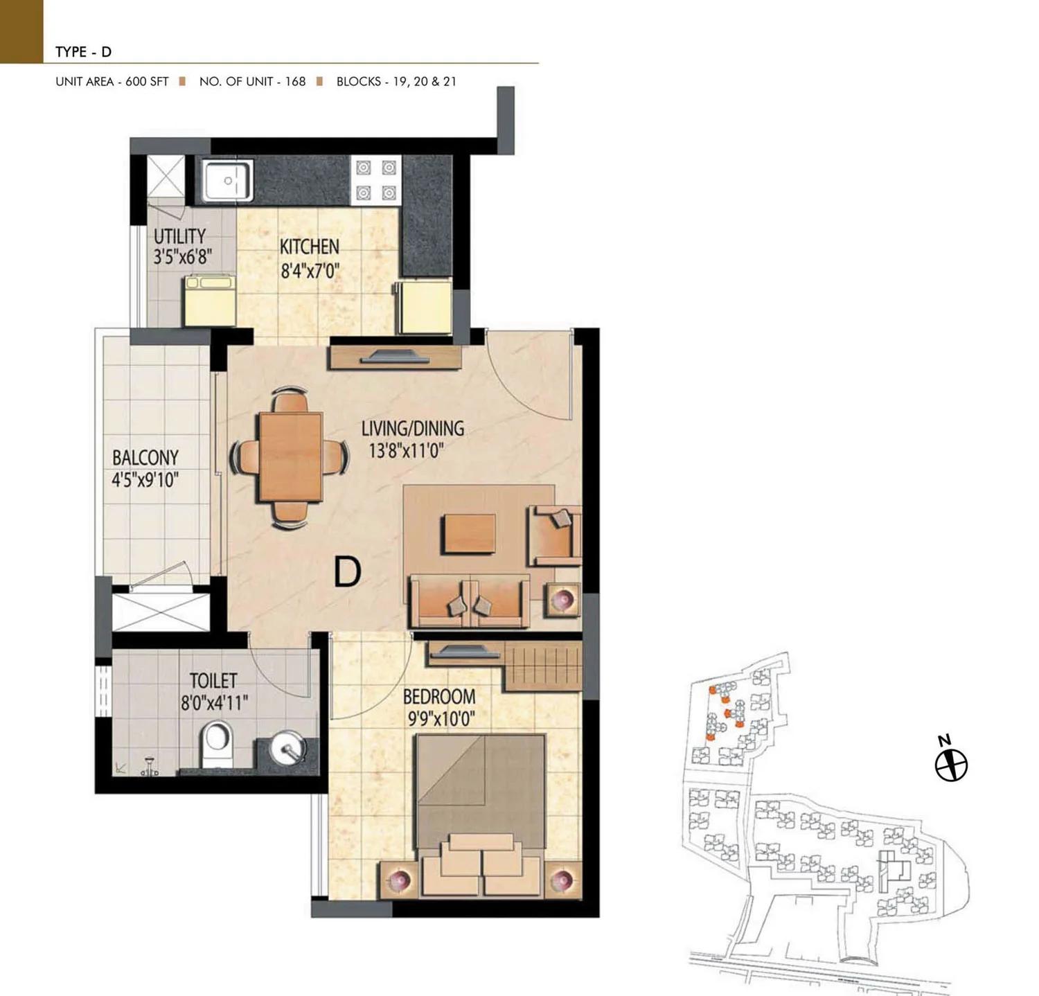 Prestige Bella Vista 1 BHK floor plan (Type D)