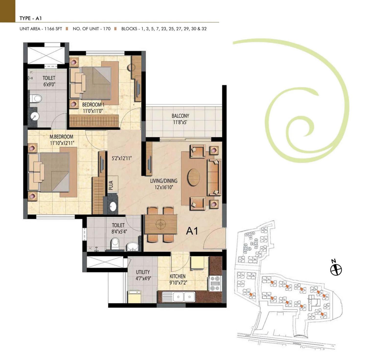 Prestige Bella Vista 2 BHK floor plan (Type A1)