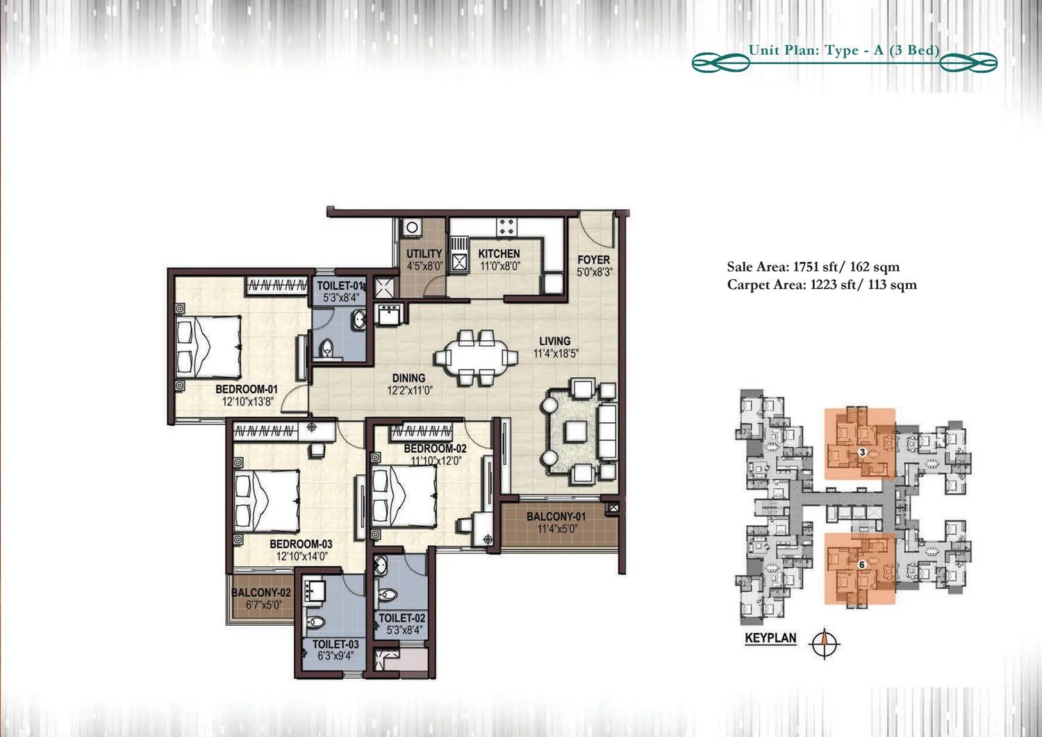 Prestige Cityscape 3 BHK floor plan (Type A)