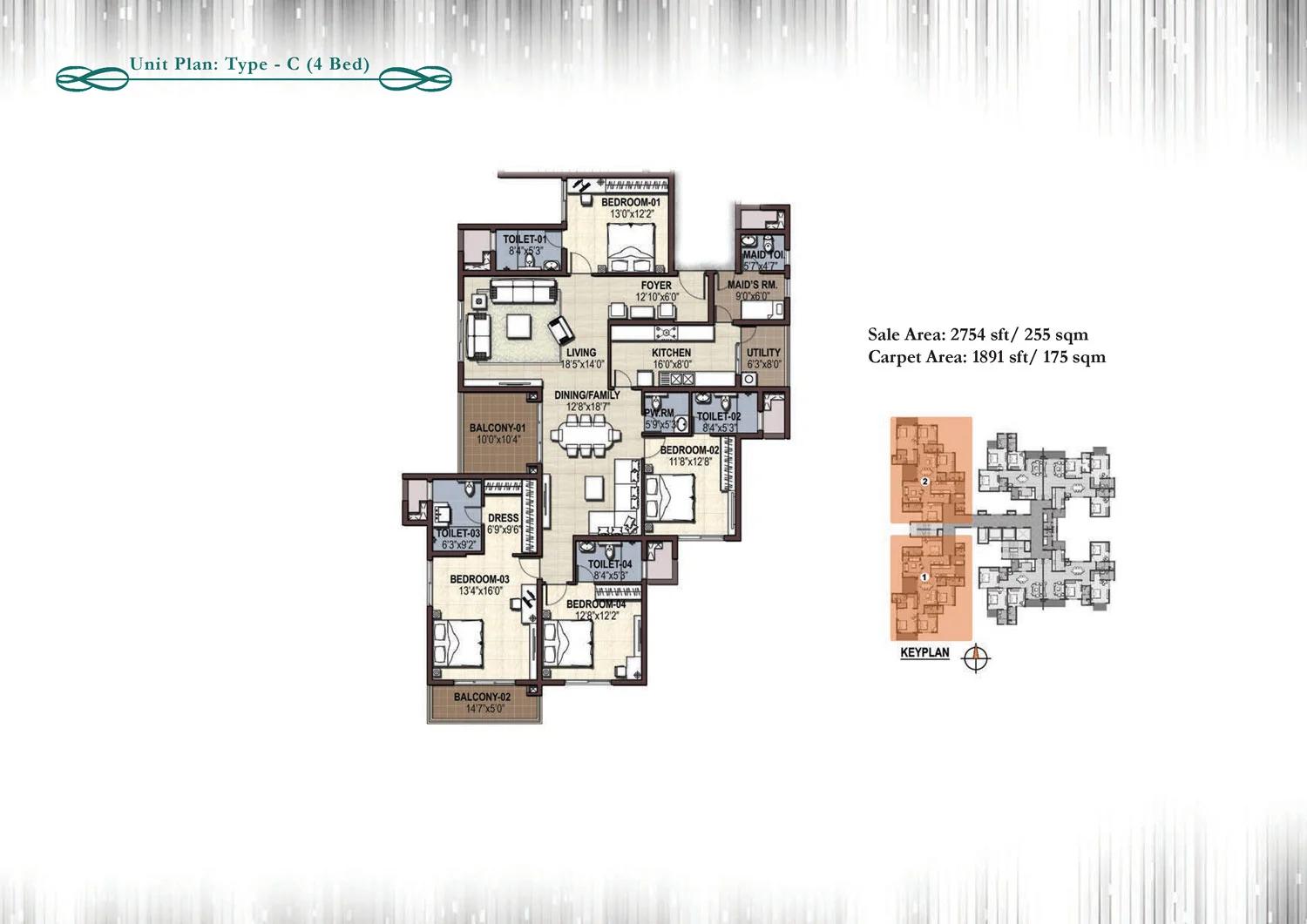 Prestige Cityscape 4 BHK + maid floor plan (Type C)