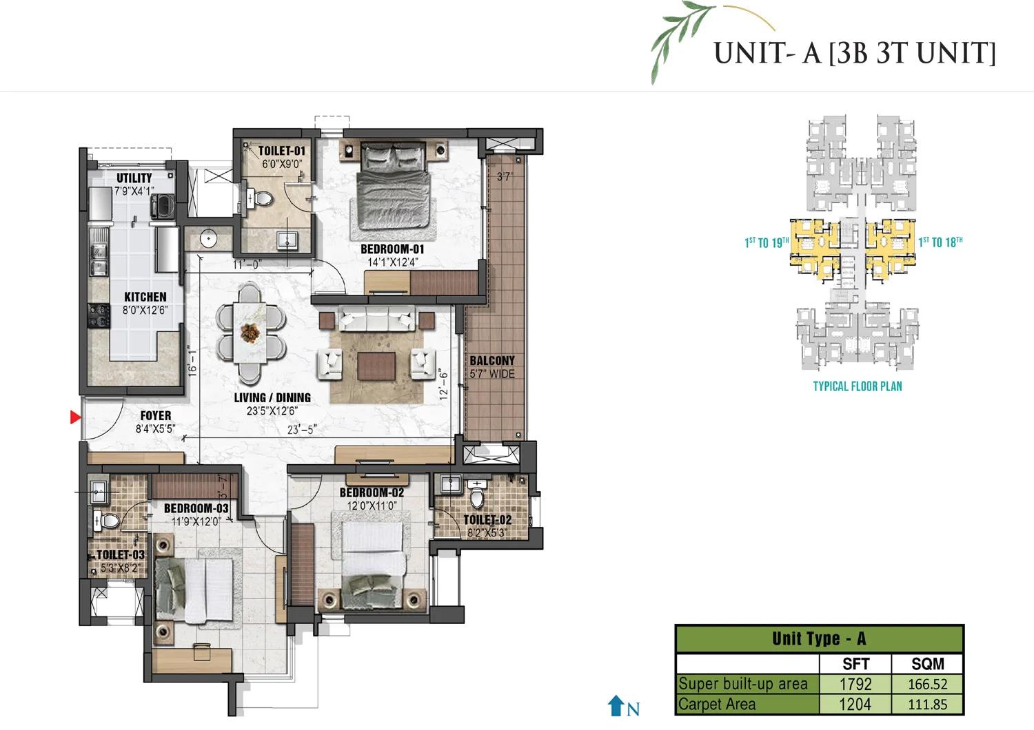 Prestige Eden Garden 3 BHK floor plan (Type A)