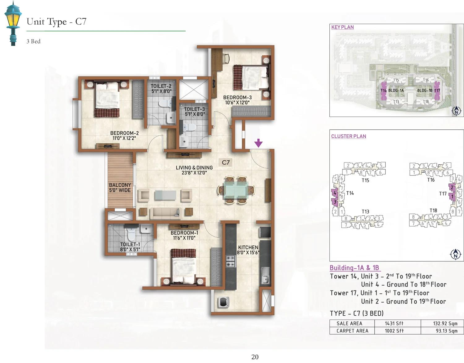 Prestige Finsbury Park Regent 3 BHK floor plan (type C7)
