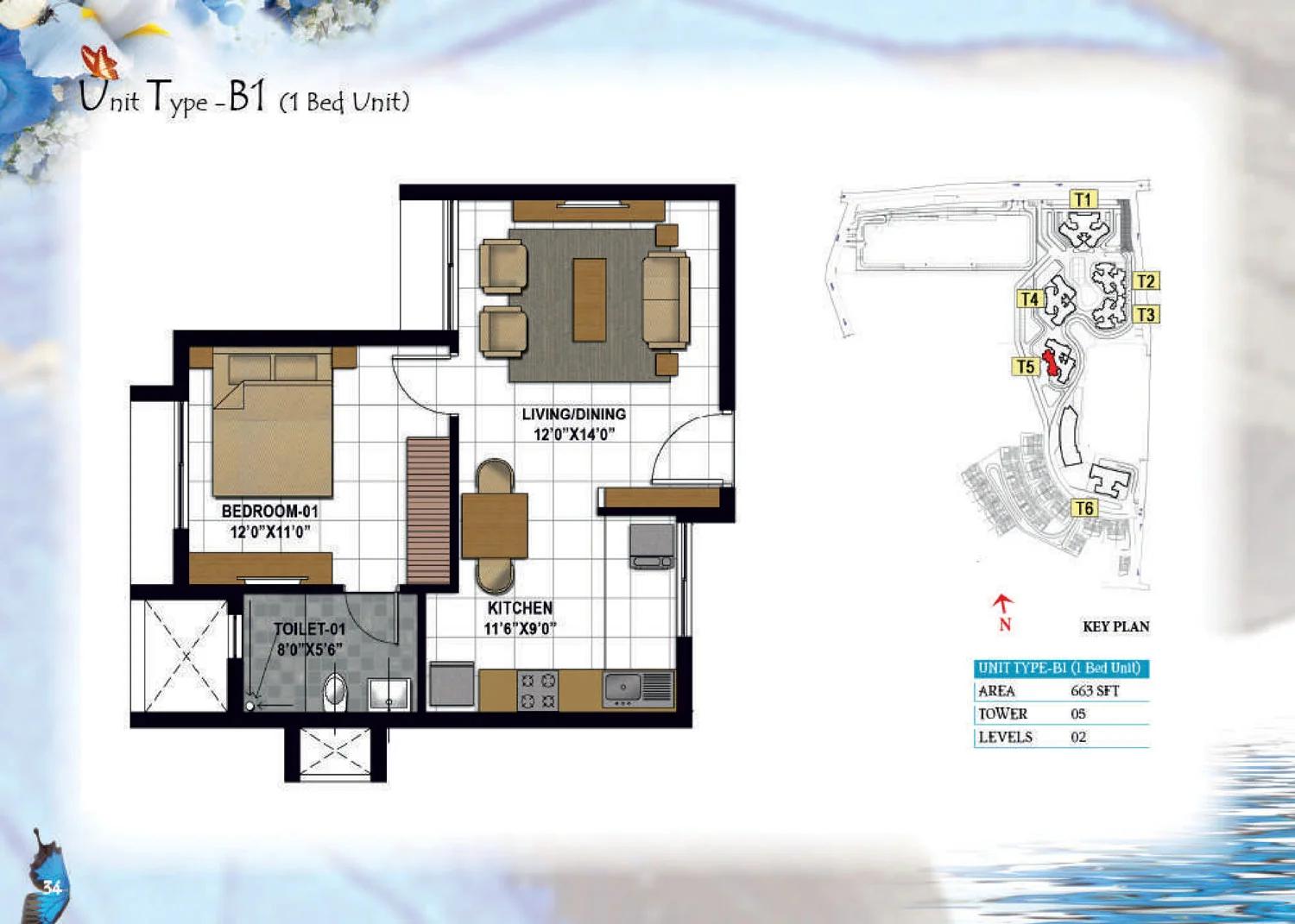 Prestige Hillside Gateway 1 BHK floor plan (Type B1)