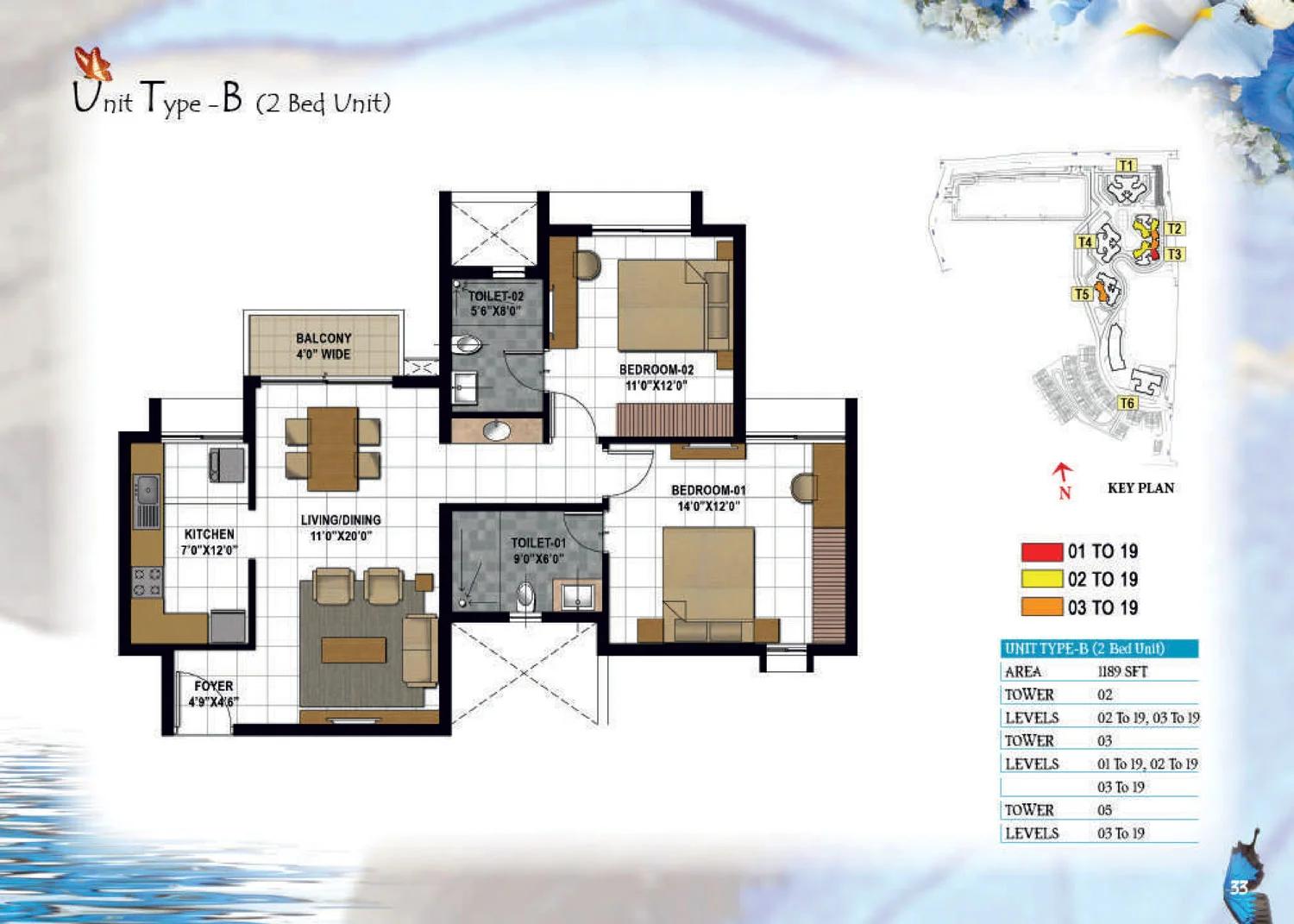 Prestige Hillside Gateway 2 BHK floor plan (Type B)
