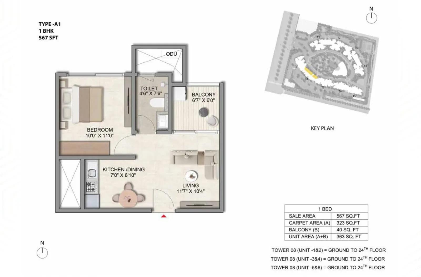 Prestige Parklane 1 BHK floor plan, about 567 sq ft