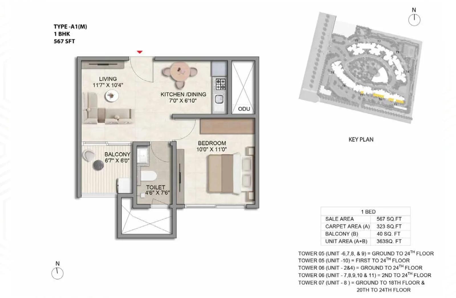 Prestige Parklane 1 BHK floor plan, about 567 sq ft