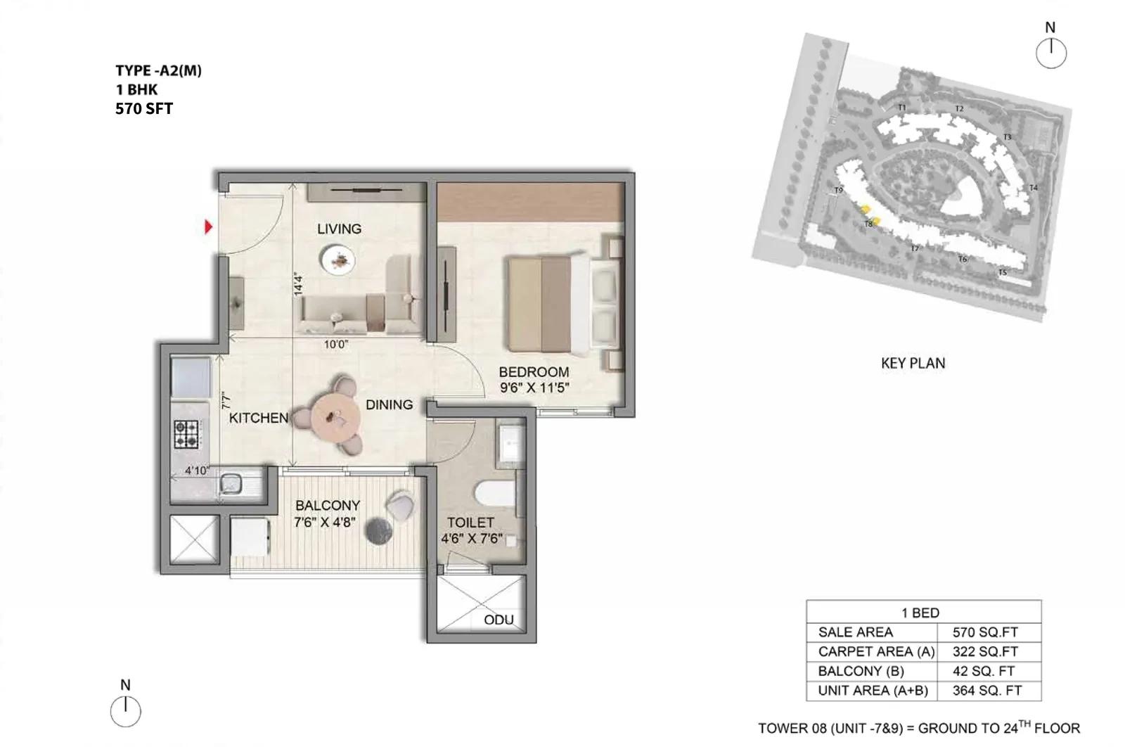 Prestige Parklane 1 BHK floor plan, about 570 sq ft