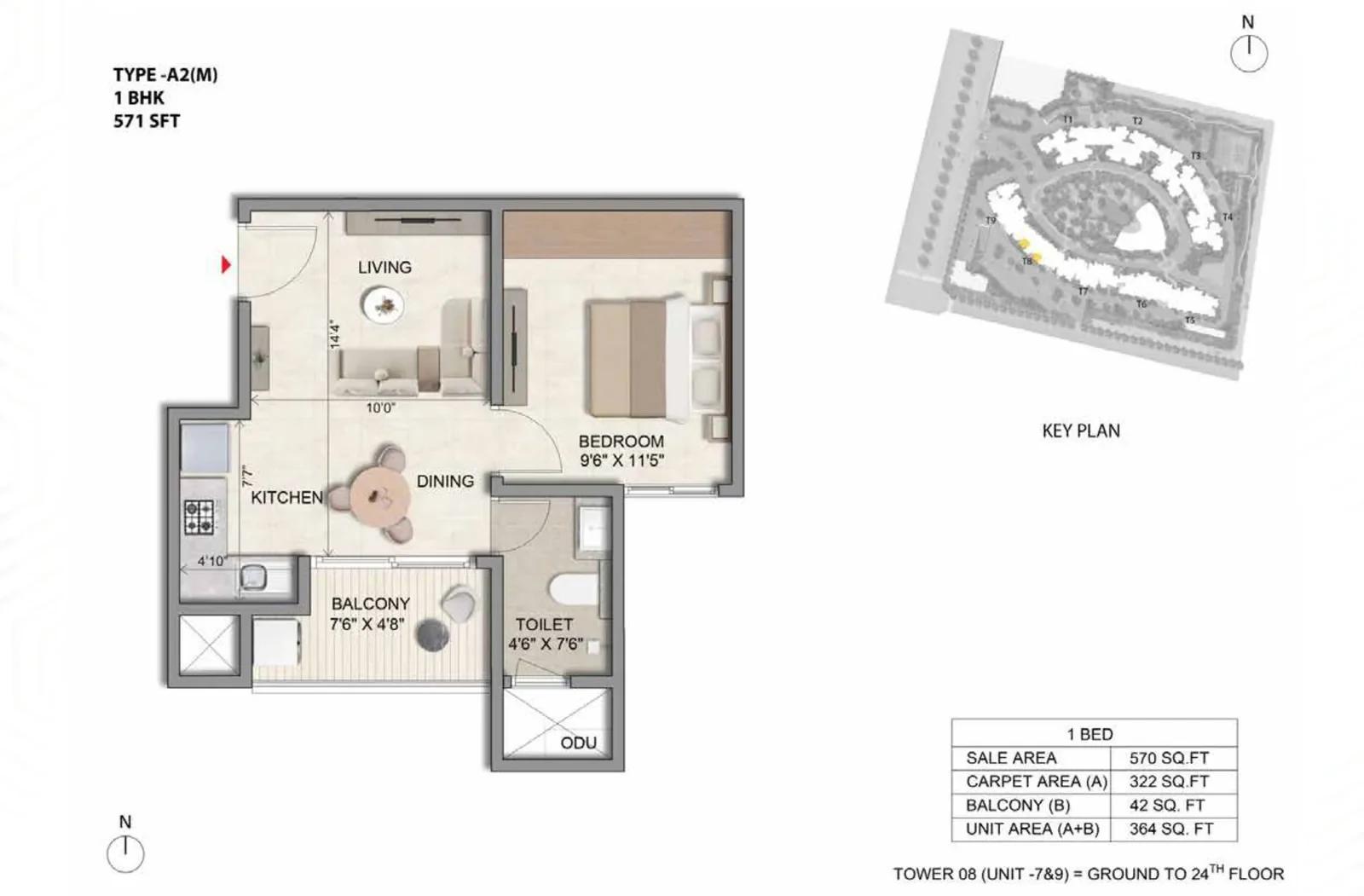 Prestige Parklane 1 BHK floor plan, about 571 sq ft