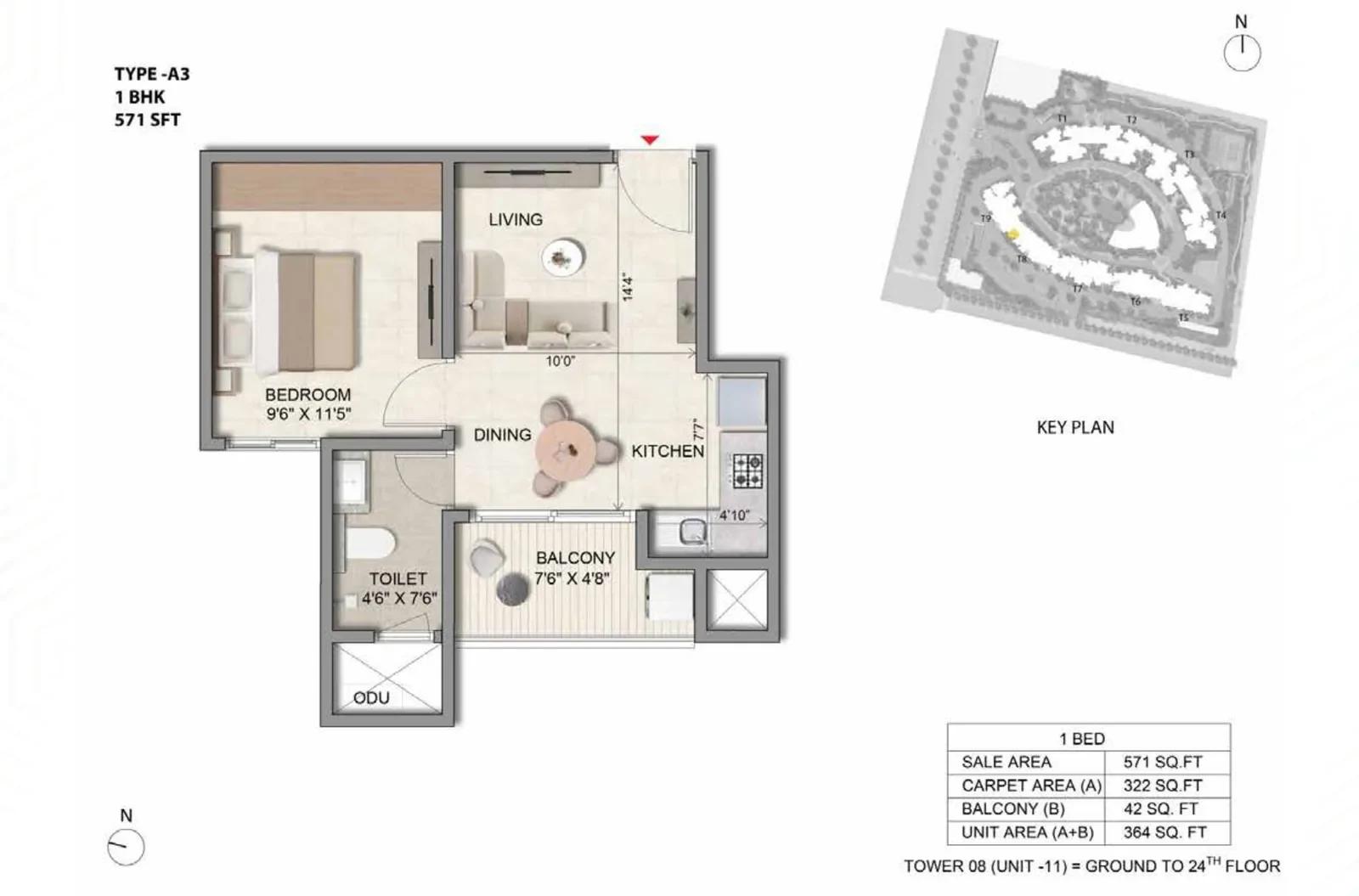 Prestige Parklane 1 BHK floor plan, about 571 sq ft