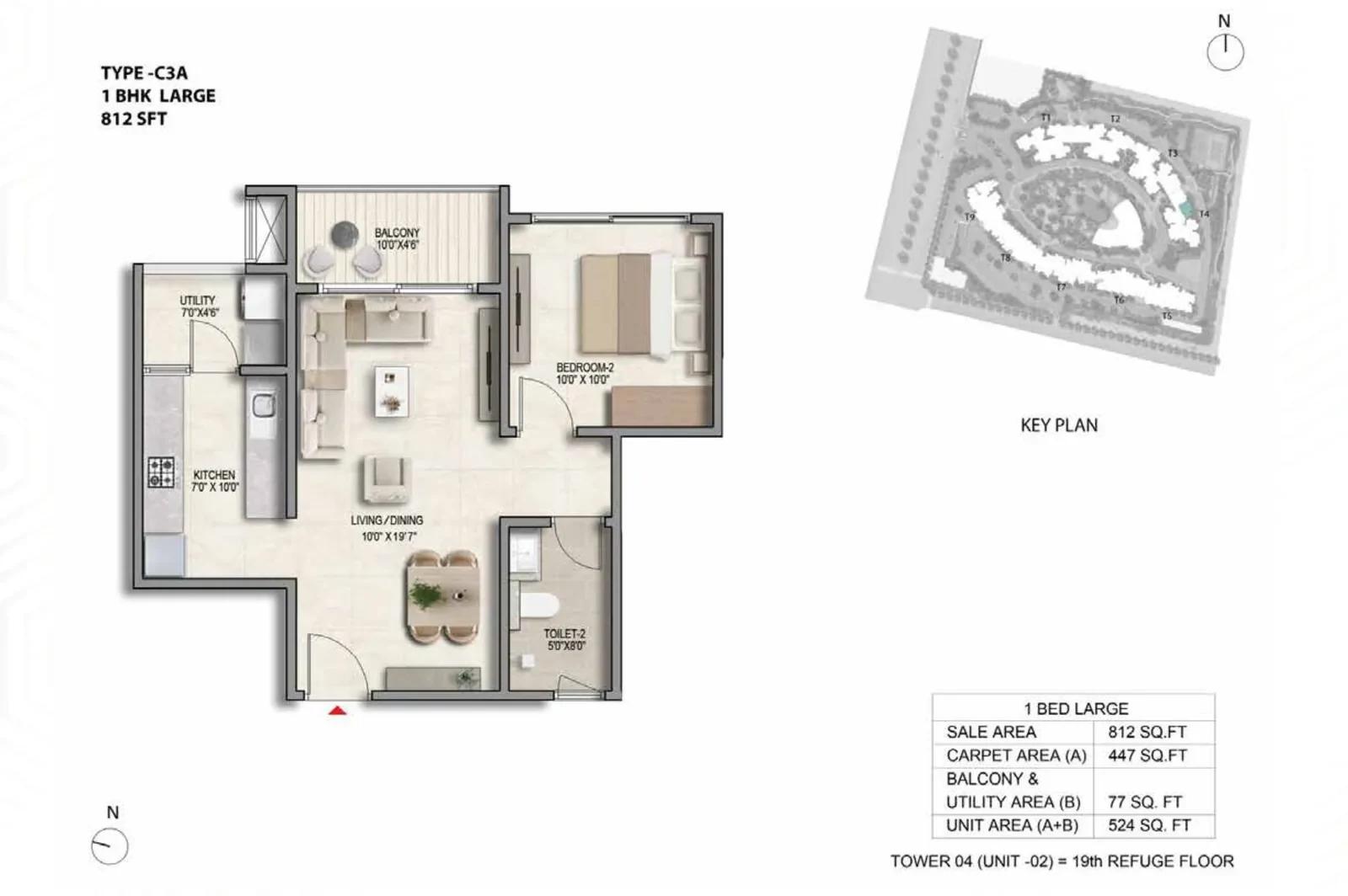Prestige Parklane 1 BHK floor plan, about 812 sq ft