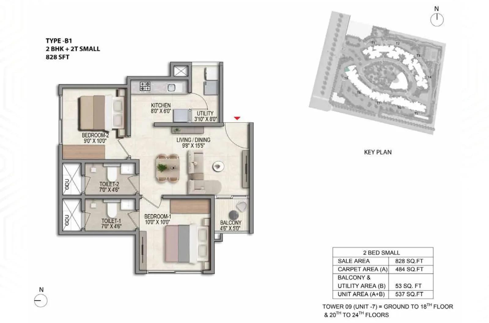 Prestige Parklane 2 BHK floor plan, about 828 sq ft
