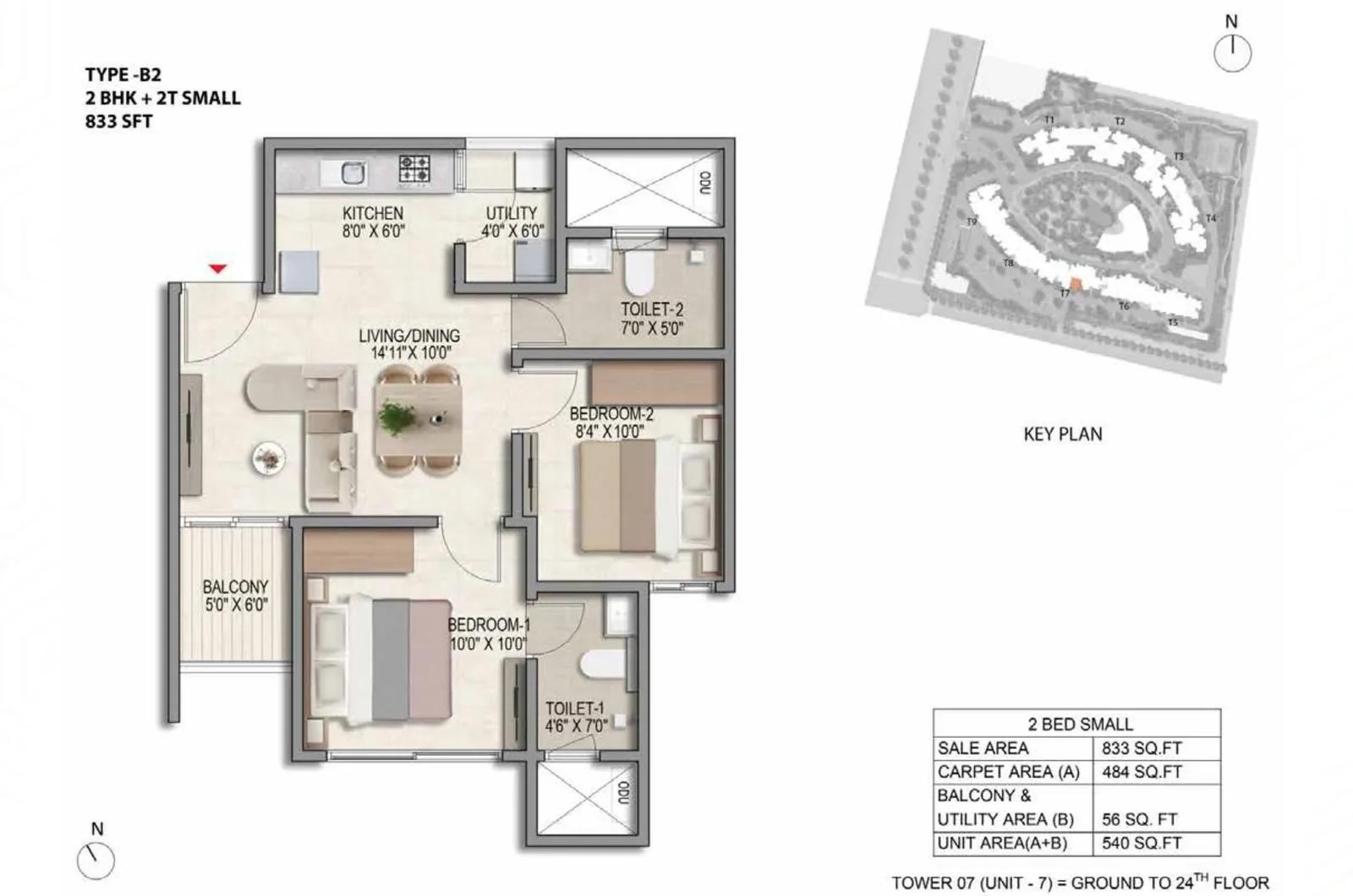Prestige Parklane 2 BHK floor plan, about 833 sq ft