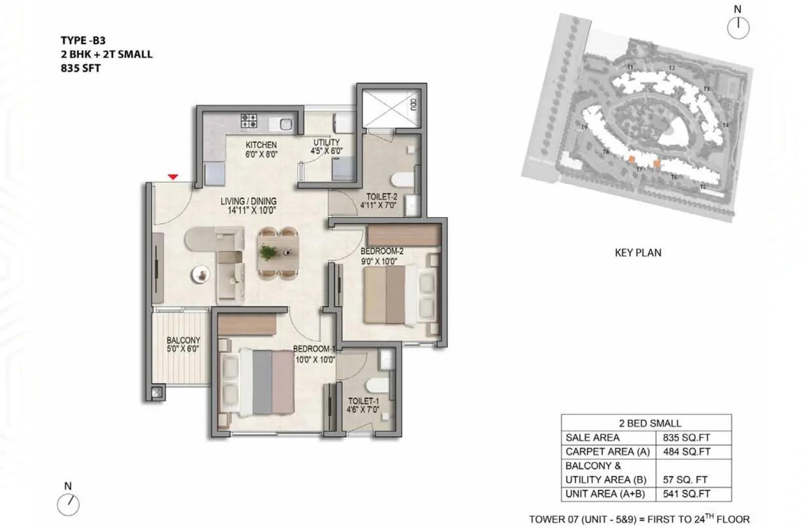 Prestige Parklane 2 BHK floor plan, about 835 sq ft