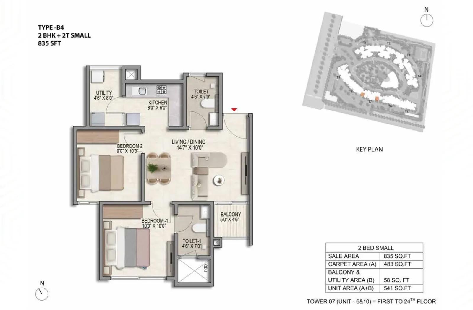 Prestige Parklane 2 BHK floor plan, about 835 sq ft