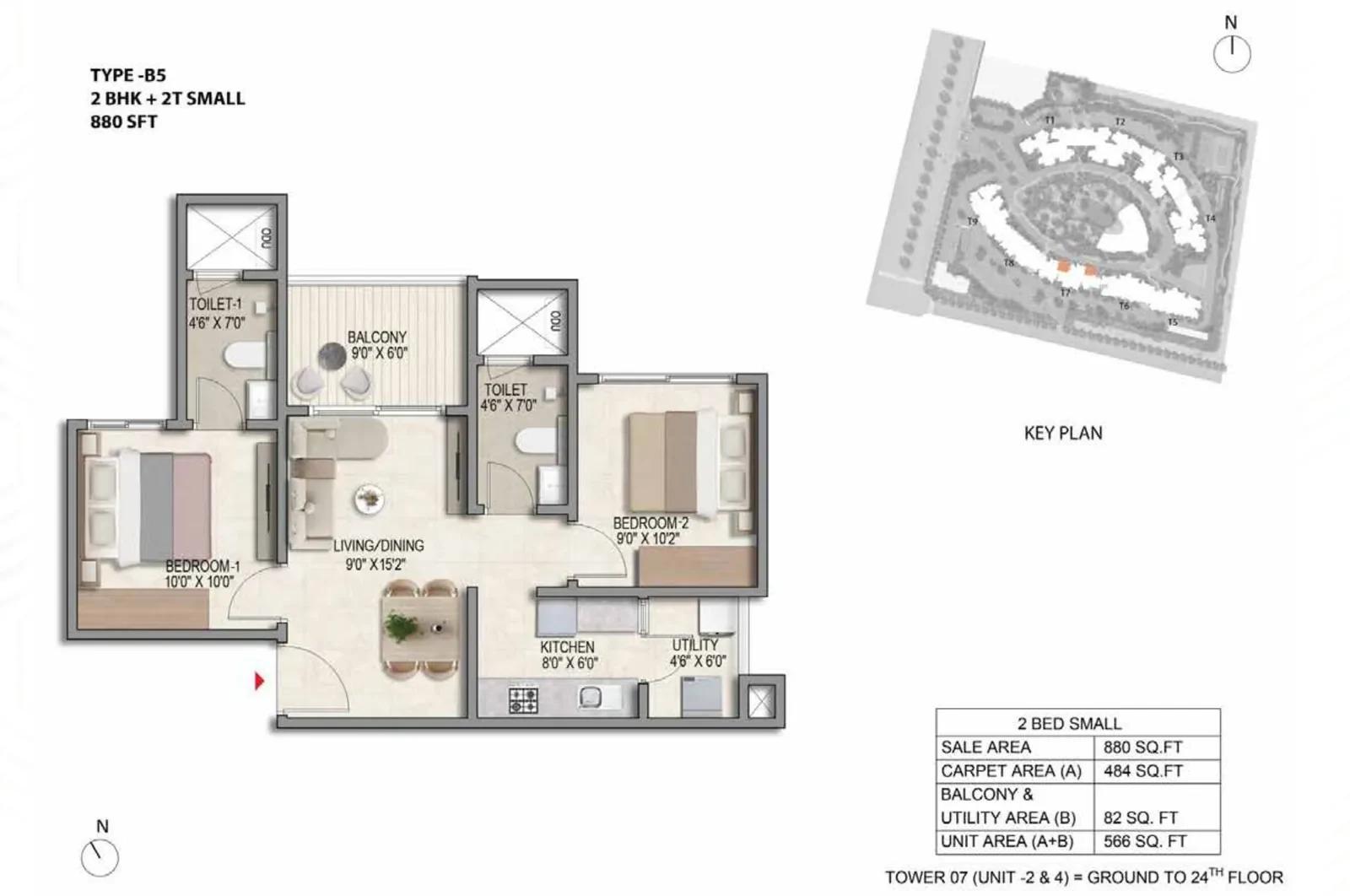 Prestige Parklane 2 BHK floor plan, about 880 sq ft