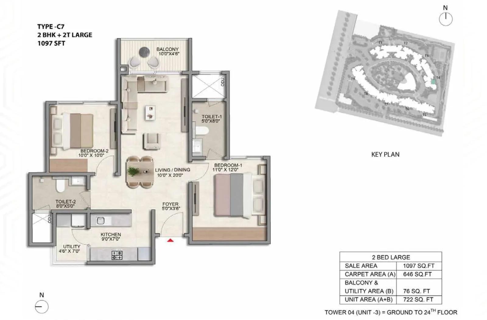 Prestige Parklane 2 BHK floor plan