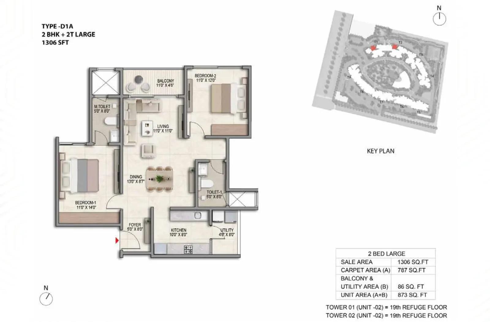 Prestige Parklane 2 BHK floor plan, about 306 sq ft