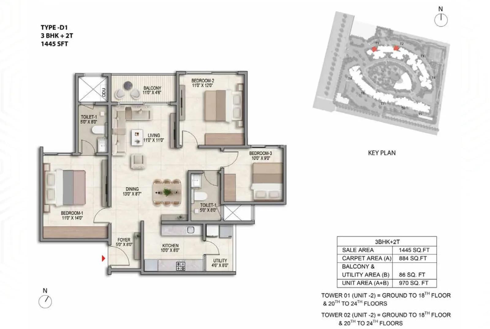 Prestige Parklane 3 BHK floor plan, about 445 sq ft