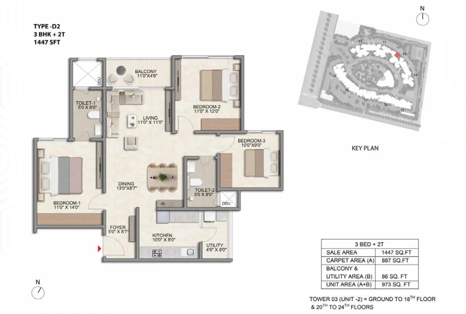 Prestige Parklane 3 BHK floor plan, about 447 sq ft