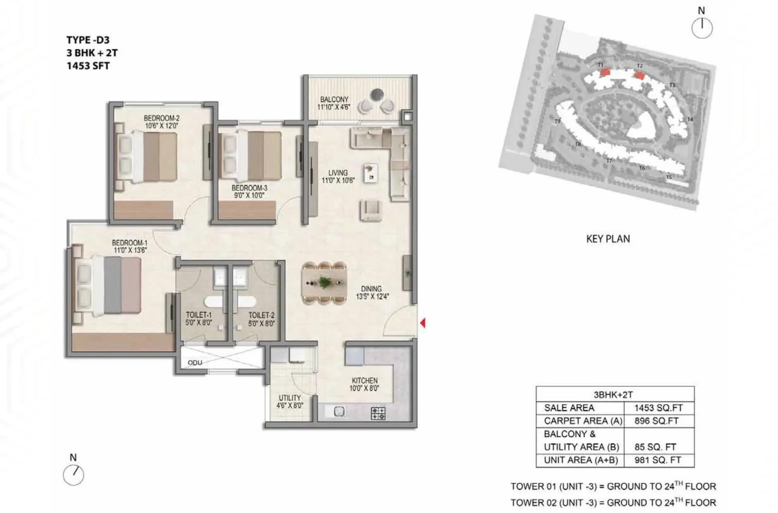 Prestige Parklane 3 BHK floor plan, about 453 sq ft