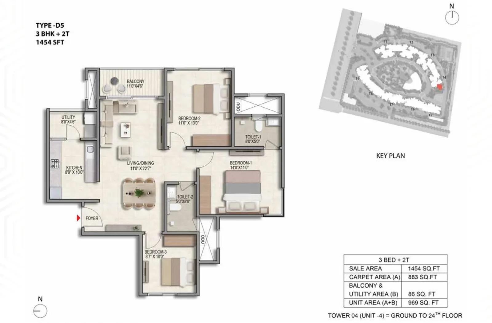 Prestige Parklane 3 BHK floor plan, about 454 sq ft