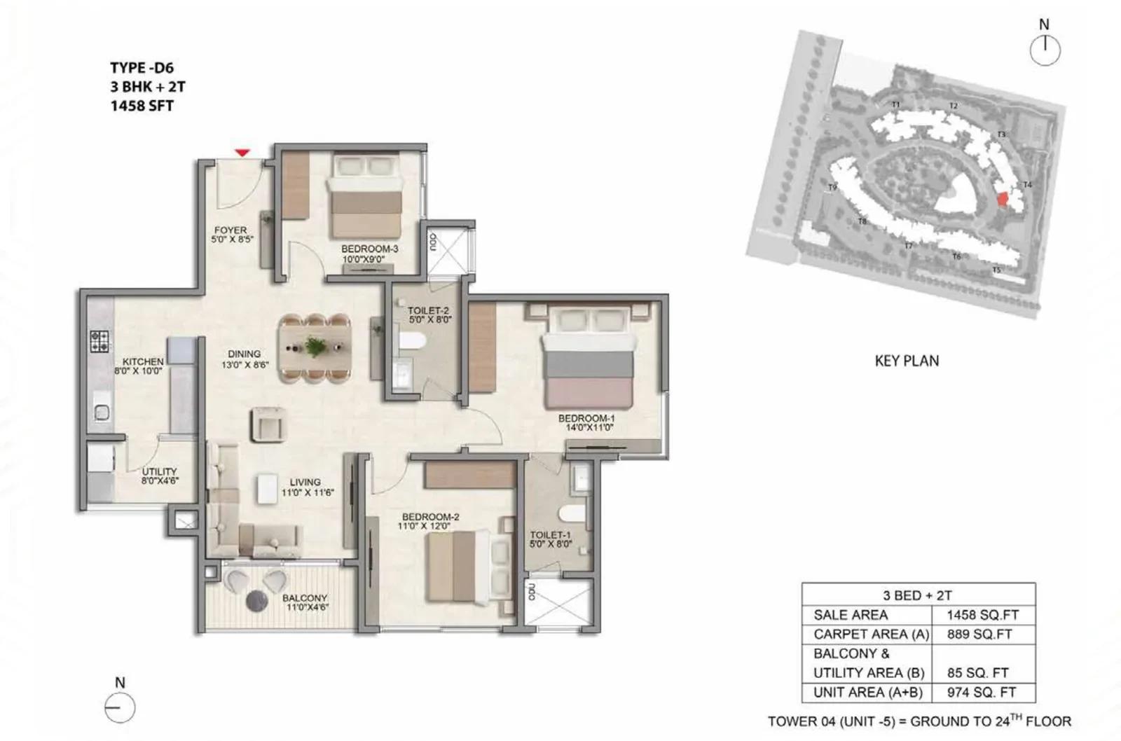 Prestige Parklane 3 BHK floor plan, about 458 sq ft