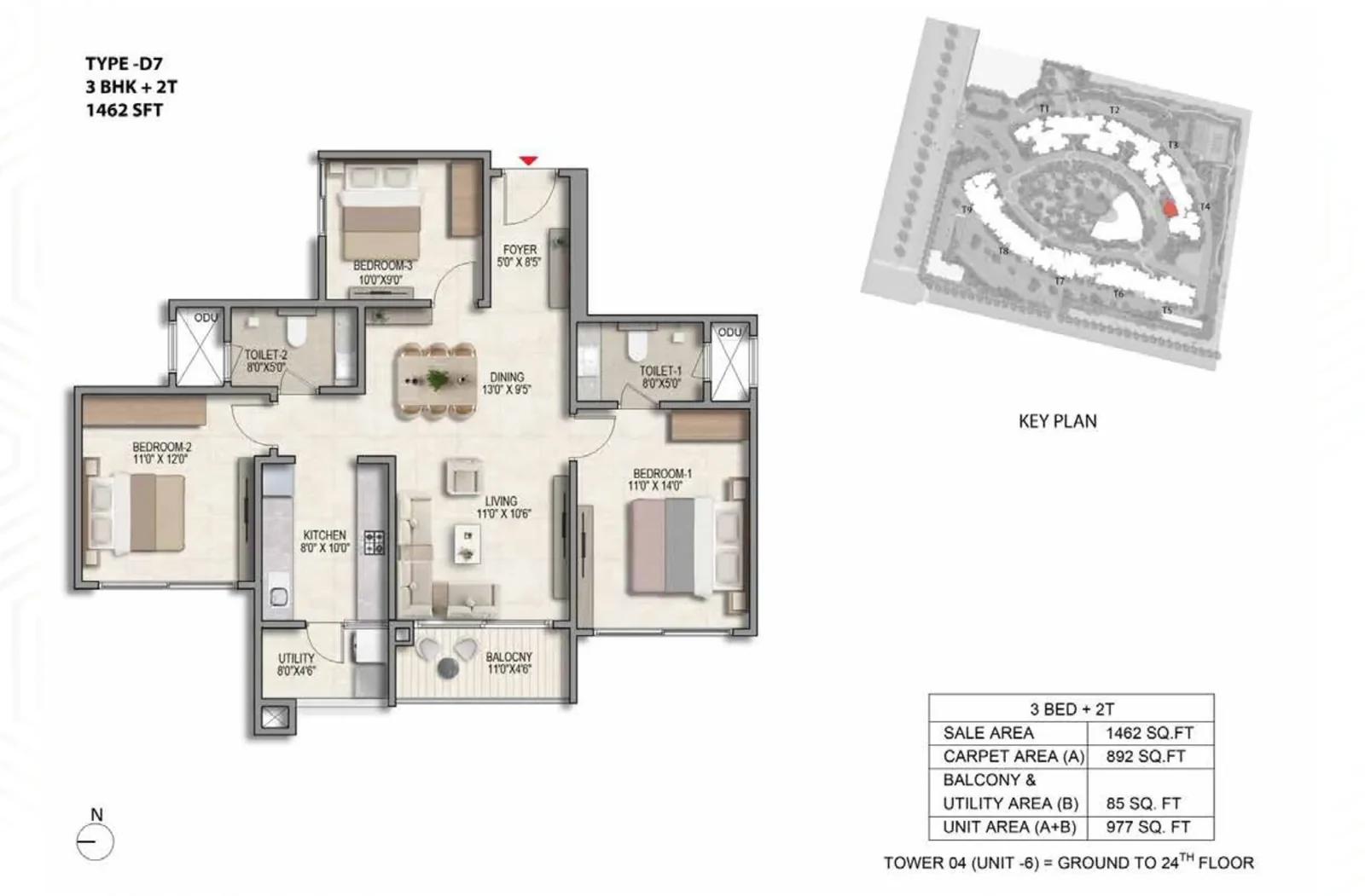 Prestige Parklane 3 BHK floor plan, about 462 sq ft