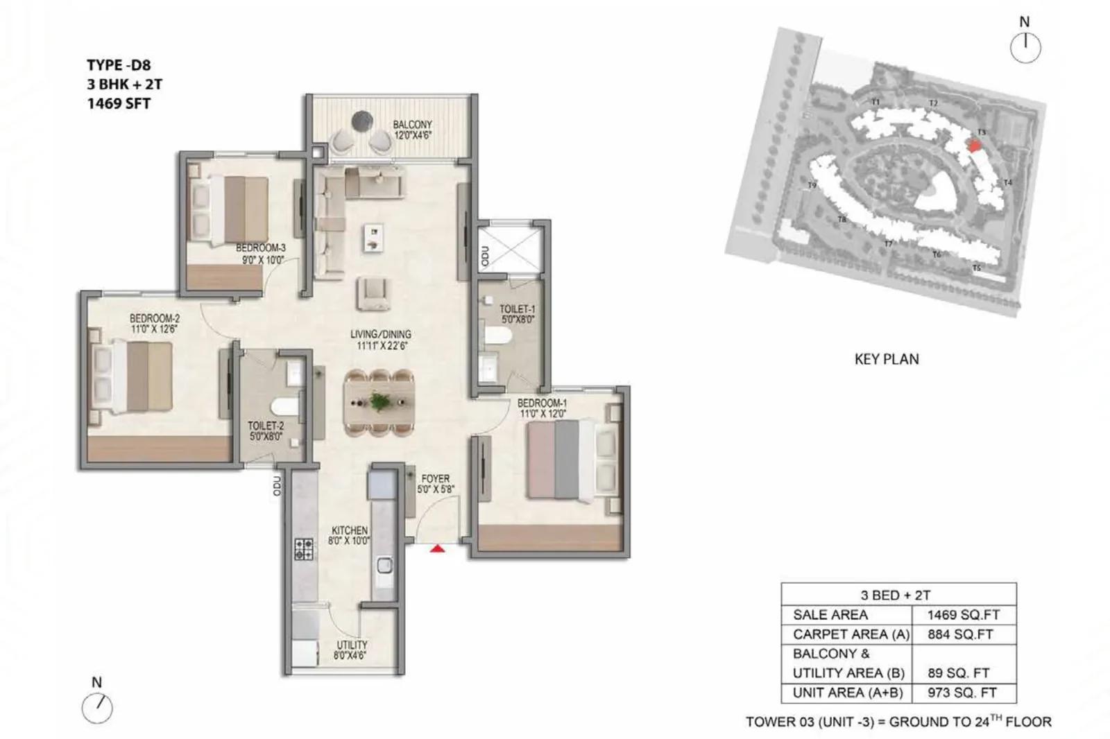 Prestige Parklane 3 BHK floor plan, about 469 sq ft