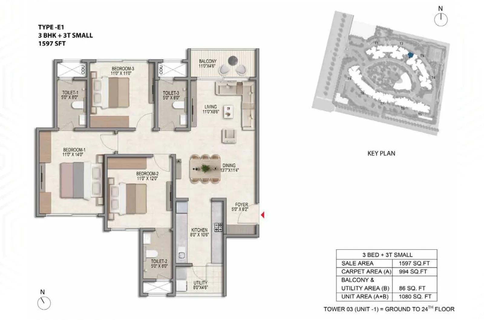 Prestige Parklane 3 BHK floor plan, about 597 sq ft