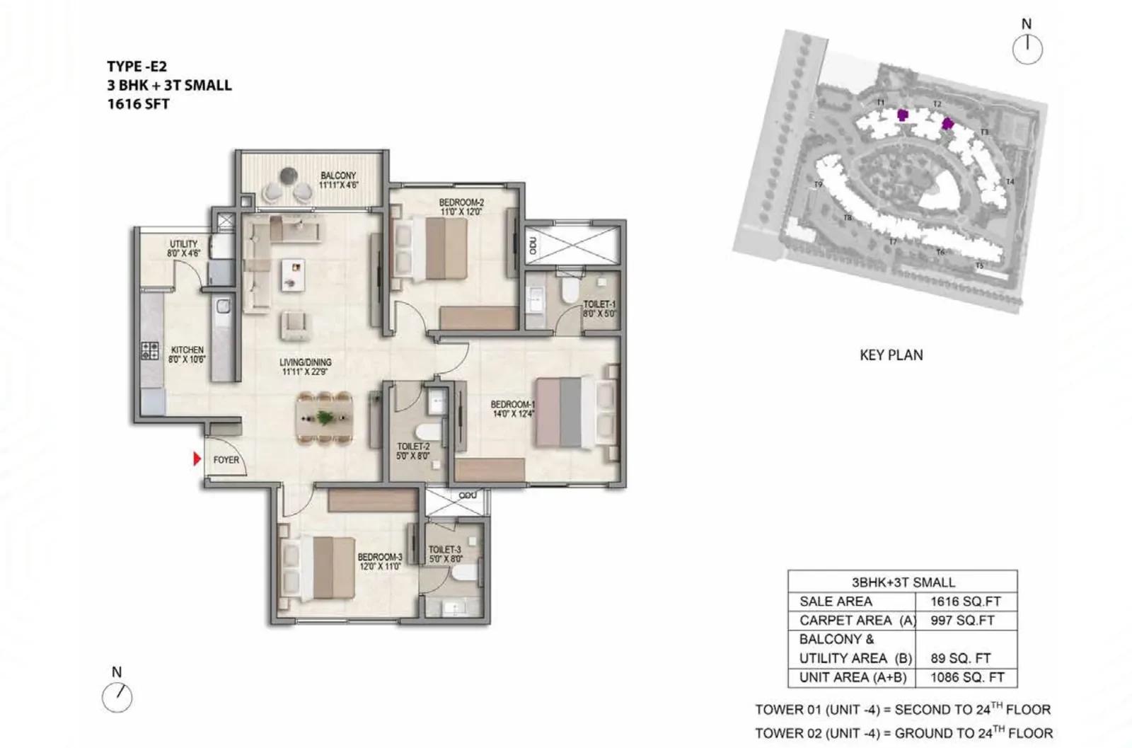 Prestige Parklane 3 BHK floor plan, about 616 sq ft