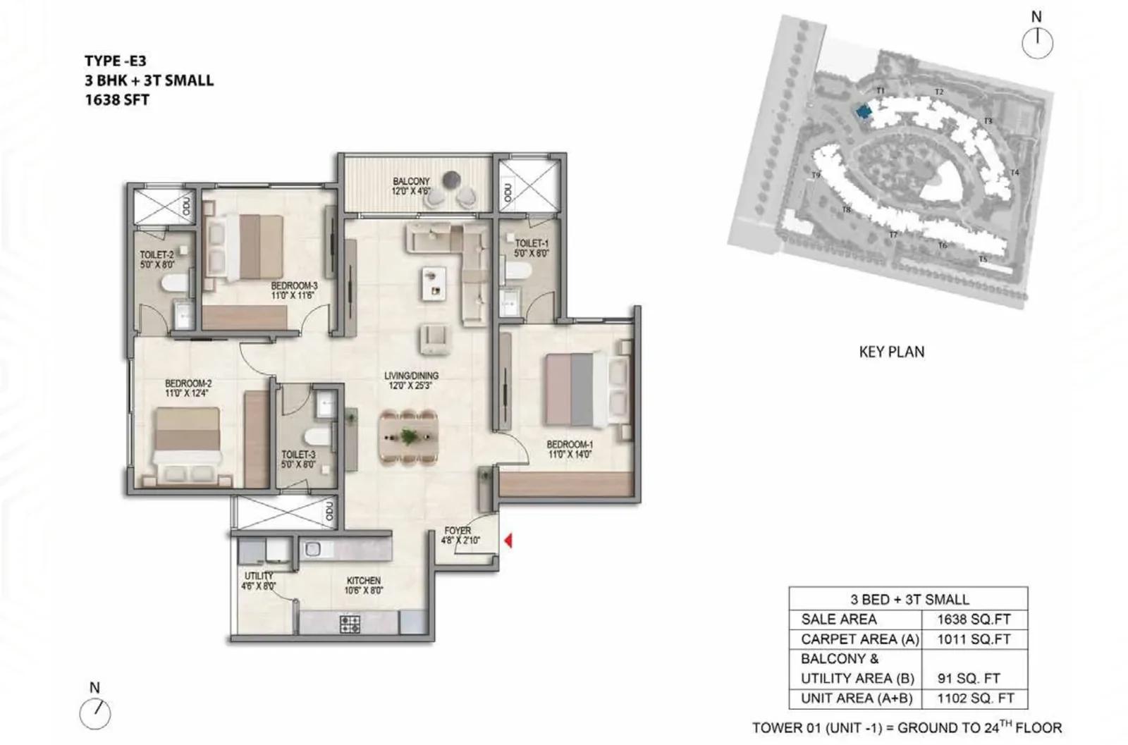 Prestige Parklane 3 BHK floor plan, about 638 sq ft