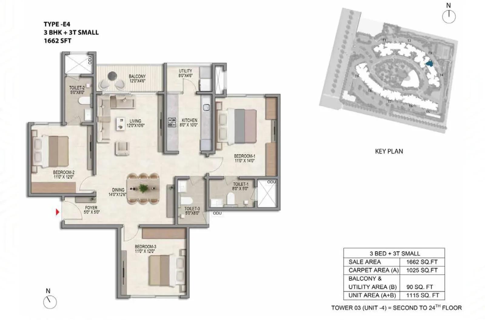 Prestige Parklane 3 BHK floor plan, about 662 sq ft