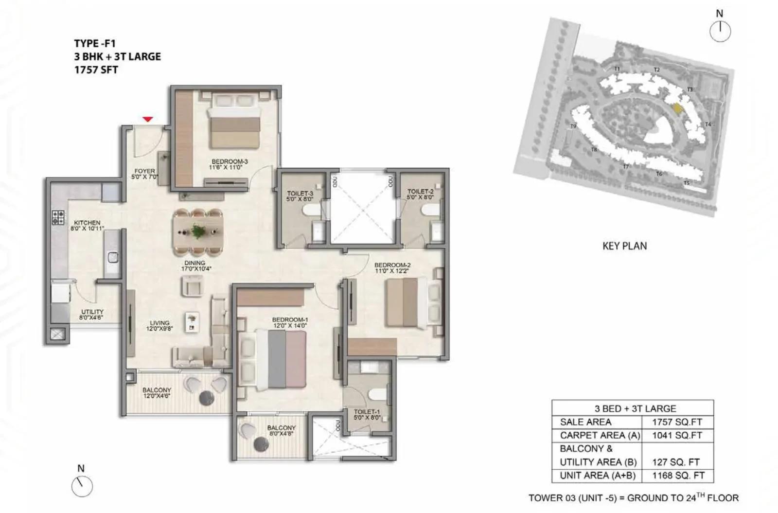 Prestige Parklane 3 BHK floor plan, about 757 sq ft