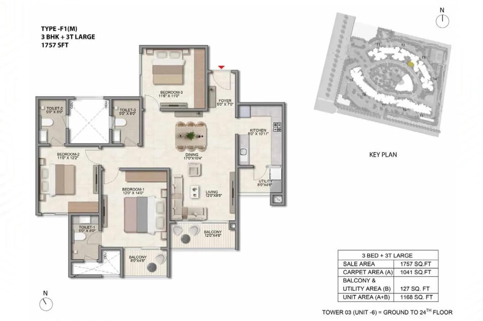 Prestige Parklane 3 BHK floor plan, about 757 sq ft