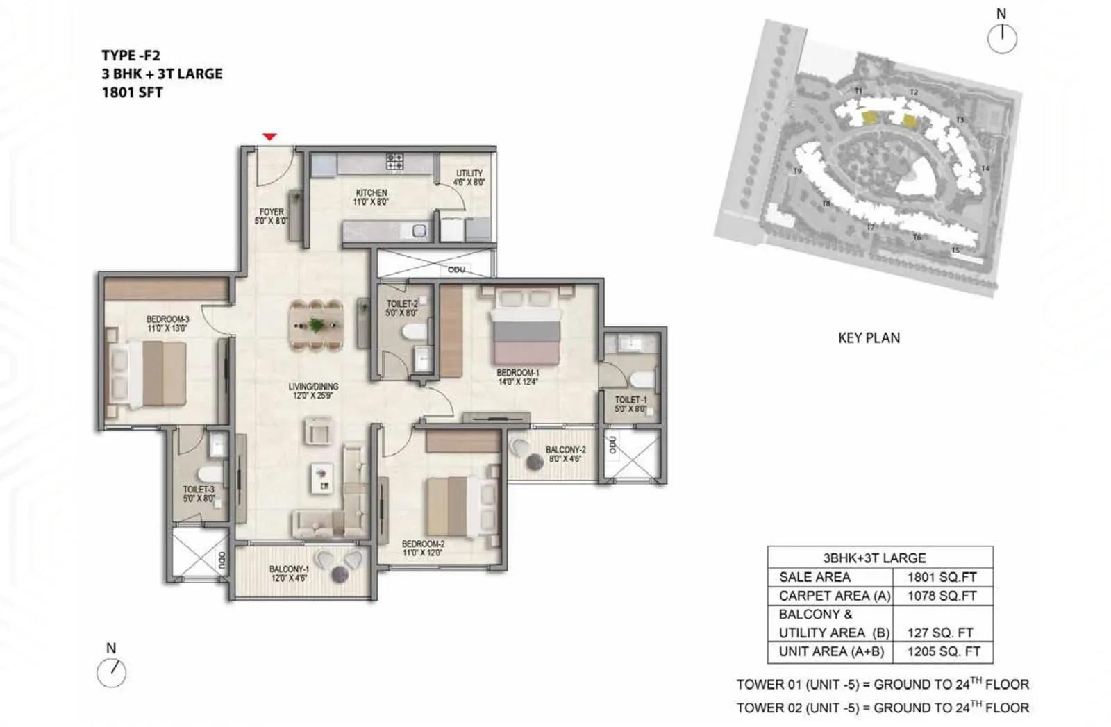 Prestige Parklane 3 BHK floor plan, about 801 sq ft