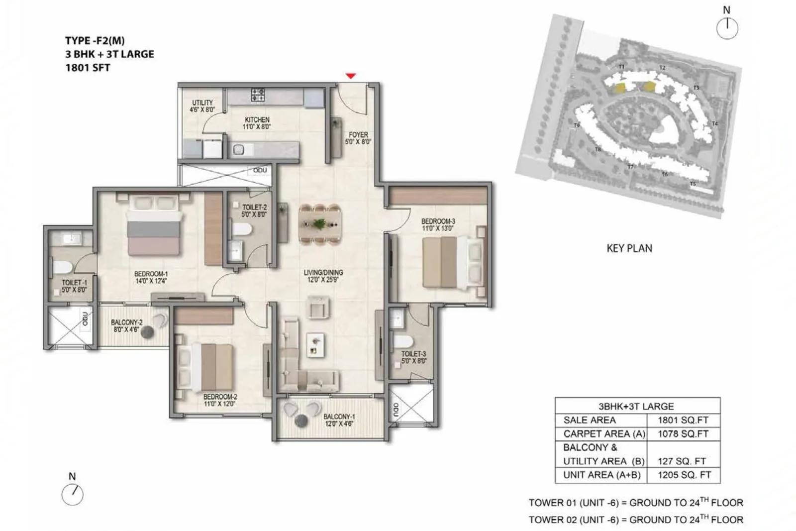 Prestige Parklane 3 BHK floor plan, about 801 sq ft