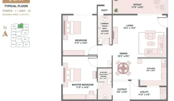 Pushkalam Heritage 2 BHK typical floor plan