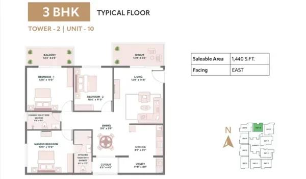 Pushkalam Heritage 3 BHK typical floor plan of 1,440 sq ft