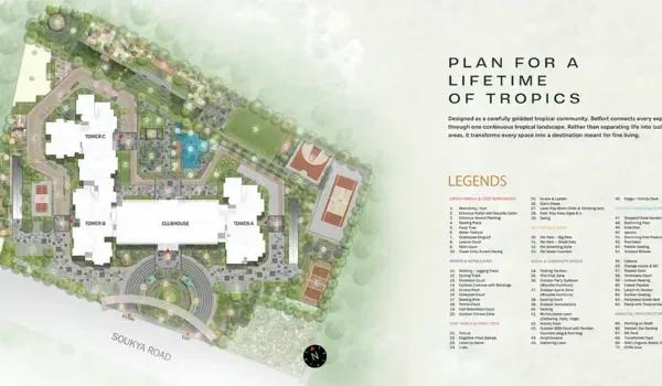 Sumadhura Belfort master plan with towers, clubhouse and tropical landscape